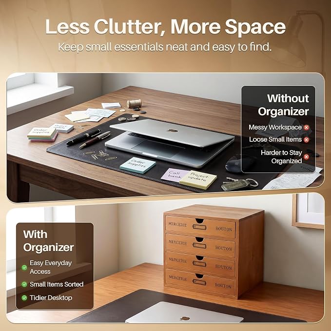 Flexzion Wooden Storage Box with 2 Drawers, Vintage Desktop Organizer | Compact Desk Organizer with Drawers for Office Supplies, Mail, Crafts and Vanity Items; 9.6 X 6.6 X 4.9 In; Fully Assembled