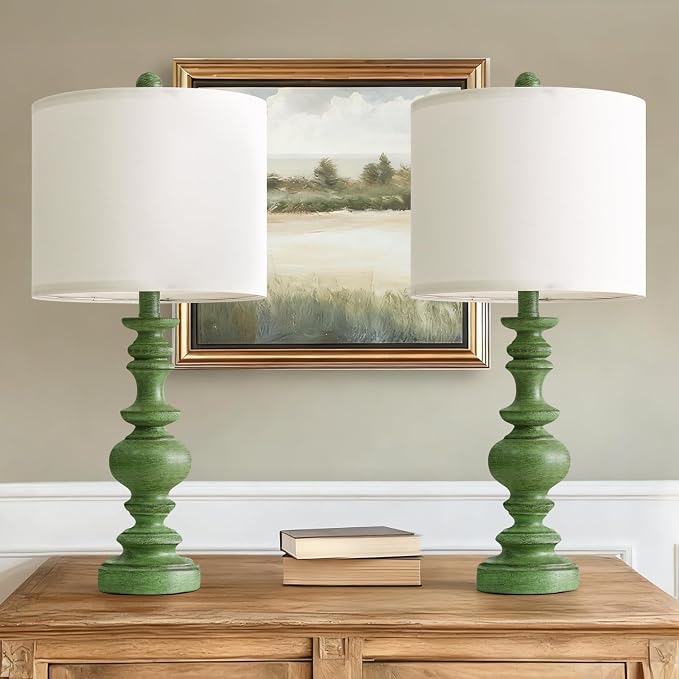 BOBOMOMO 24" Farmhouse Table Lamps Set of 2 – Sage Green Bedside Lamps with Linen Shades, Medium Traditional Lamps for Living Room, Bedroom, and Entryway, Vintage Lamp with Soft Natural Serenity