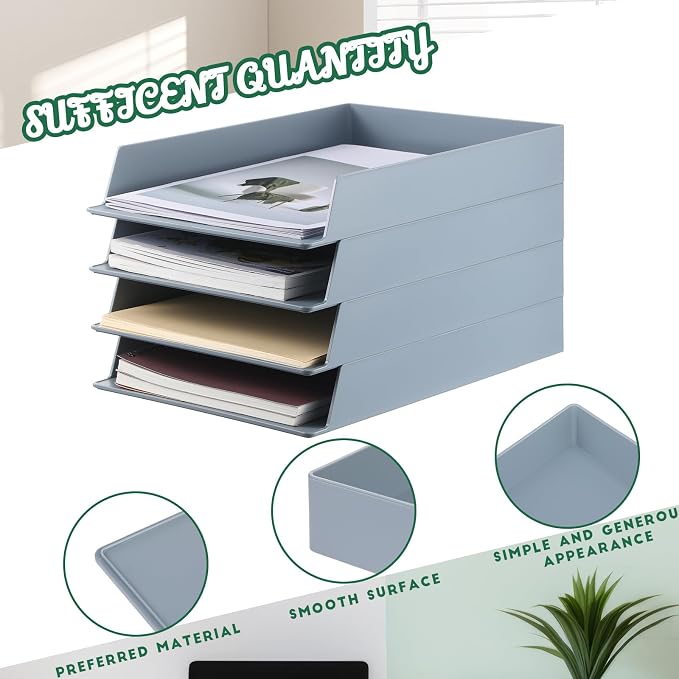 8 Pcs Stackable Paper Trays Rectangular Plastic Desk Holder Desktop Document File Organizer Storage Letter for Office Classroom (Gray)