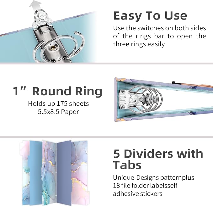 EYROZILL Mini Binder with Clipboard,3 Ring 1 Inch, for 5.5" x 8.5" Paper.A5 Binders with 5-Tab Dividers for School Office Supplies and Home, Green Marble