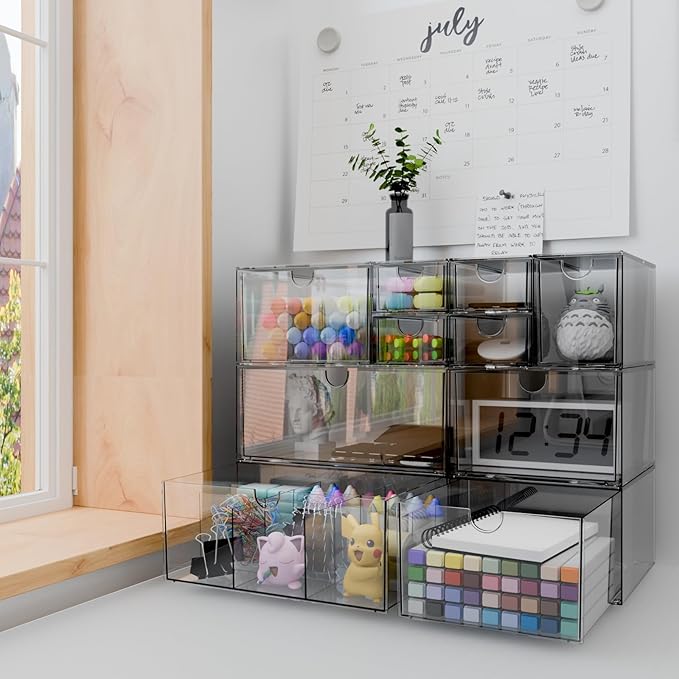 Clear 10-Drawer Stackable Desk Organizer Storage Set | Unique nine-grid drawer, Acrylic, Separate drawers, Dustproof, Easy to clean, for Office supplies, Pens, Jewelry, Makeup