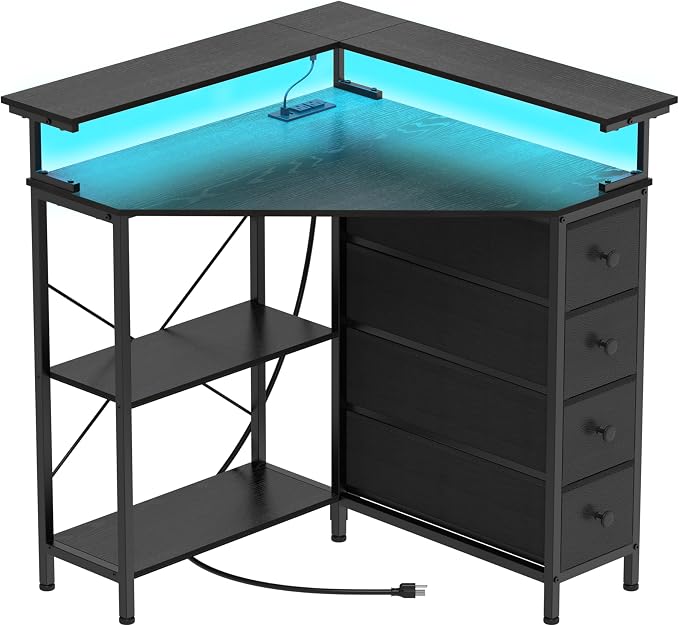 VENNQD Corner Desk with Drawers Shelves for Small Space 90 Degrees Triangle Computer Desk with Power Outlets,Gaming Desk with LED Lights Monitor Stand for Home Office Workstation Writing Table (Black)