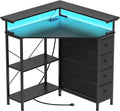 VENNQD Corner Desk with Drawers Shelves for Small Space 90 Degrees Triangle Computer Desk with Power Outlets,Gaming Desk with LED Lights Monitor Stand for Home Office Workstation Writing Table (Black)