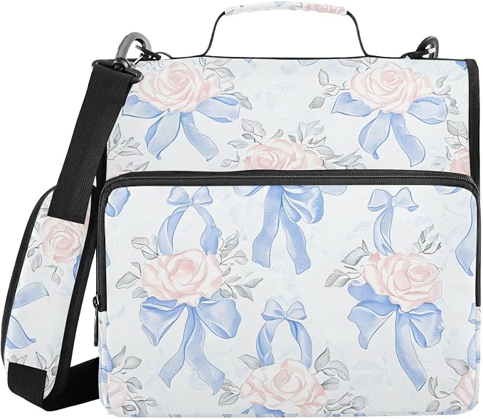 Blue Bows Pink Roses 3 Ring Binder Bag 1.5 inch Binder Organizer with Zipper Shoulder Strap 500 Sheet Documents Storage for School Office