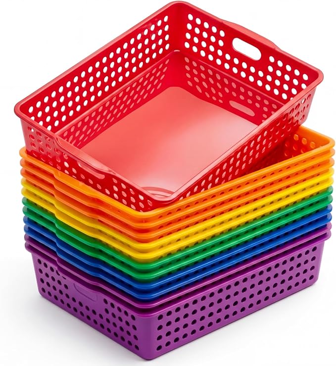 Geetery 12 Pack Classroom Storage Baskets with Handle,Rainbow Color | 14''x10'' Paper Tray Holds A4 Turn in Trays Plastic Paper Baskets Desk Organizer Bin for Classroom, Library, Office, Home