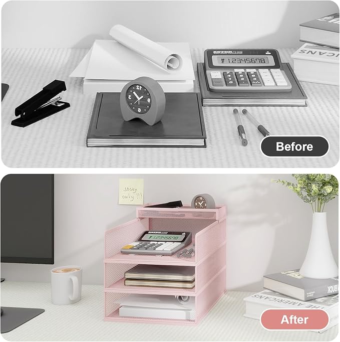 Natwind 3-Tier Stackable Metal Mesh Letter Paper Tray Organizer,Pink | Desk Organizer For Paper,Document,Mail Tray For Office Supplies,File Holder For Home Office School Classroom Organization