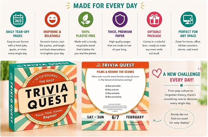 The Daily Trivia Quest 2027 Daily Desk Calendar: Boxed Page-a-Day Calendar for Home and Office Organization with Full-Color Tear-Off Pages & Cardboard Easel