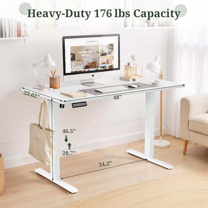 48 x 24 in Electric Standing Desk - Memory Height Adjustable | Ergonomic Sit-to-Stand Rising Computer Table Gaming Workstations with 2 Hooks and Wire Hole for Home Office, White