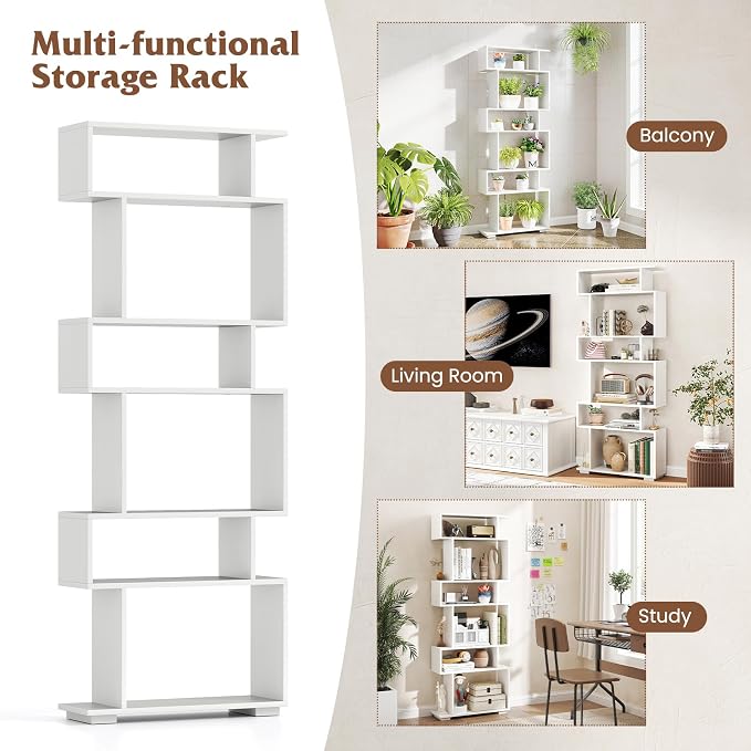 Tangkula 6-Tier S-Shaped Bookshelf, 64" Freestanding Geometric Bookcase, Home Office Wood Storage Shelf with Anti-Toppling Device, Room Divider Display Rack for Study, Living Room (2, White)