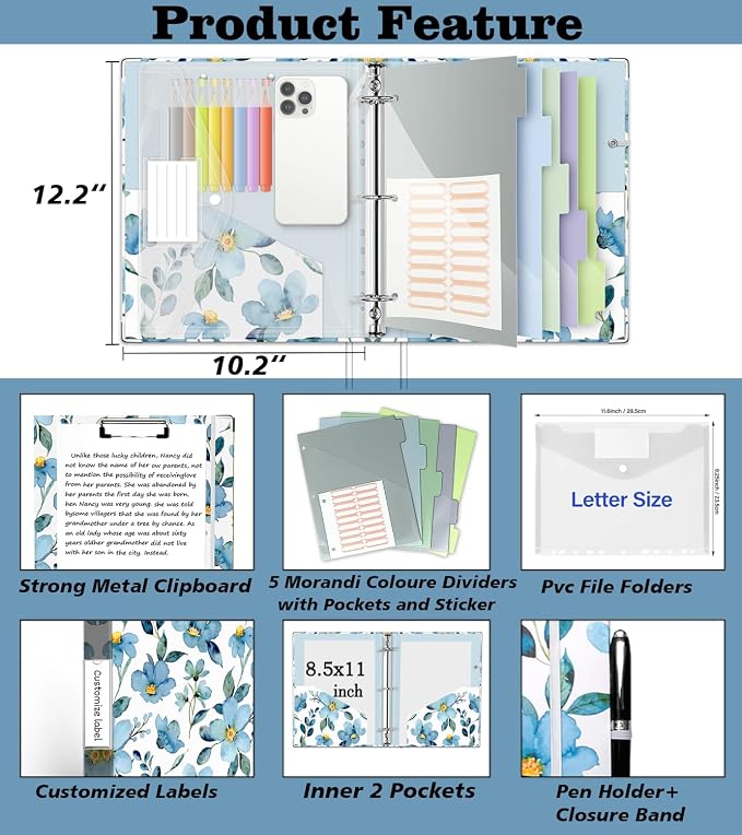 3 Ring 1 Inch Binder Organizer, KLLVE Three Ring Binders with Clipboard, 5-Tabs Pockets Dividers, Plastic Folder, 18 Divider Stikers,Pen Loop (Blue Flora, Letter Size)