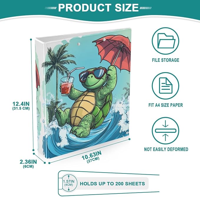Funny Surfing Cool Turtle Binder 1.5 Inch Binder with Clipboard&Pockets, Hardcover Binders 3 Ring, Heavy Duty Large File Folder for Office School Supplies - Holds 200 Sheets
