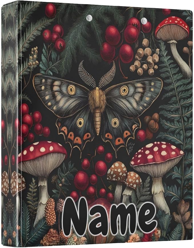 Custom 3 Ring Binder Moth Mushroom Fern 1.5" Round Ring Binders Personalized Name View Binder with 200 Sheet for Kids School Supplies Women Men Office, 1 Pack