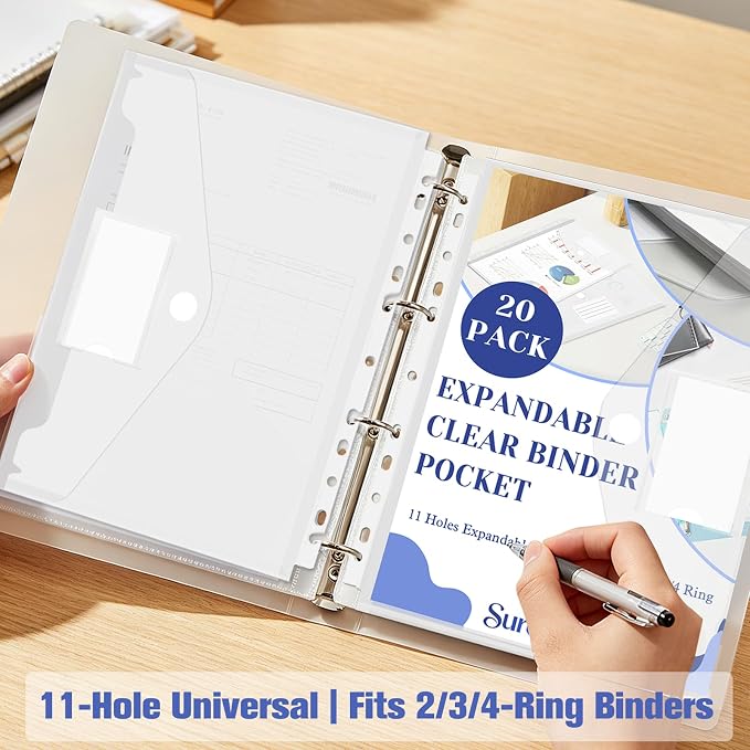 20 Pack Clear Expandable Binder Pockets, 11 Holes Plastic File Divider Folders, Compatible with 2/3/4 Ring Binders for Home Office
