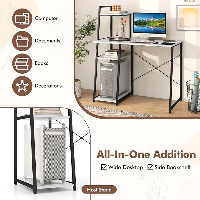 GIANTEX Computer Desk with Shelves, 47.5” Home Office Desk with Bookshelf, Host Stand, Metal Frame, PC Laptop Workstation, Modern Study Writing Desk for Bedroom, Small Space (White & Black)