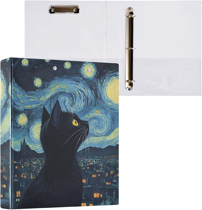 Starry Night Art Black Cat Binder 3 Ring 1.5 Inch Binder with Clipboard&Pockets, Hardcover Binders Heavy Duty Large File Folder for Office School Supplies - Holds 200 Sheets