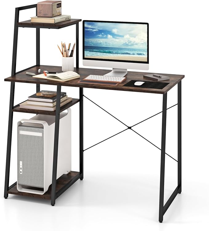 Giantex Computer Desk with Shelves, 47.5” Home Office Desk with Bookshelf, Host Stand, Metal Frame, PC Laptop Workstation, Modern Study Writing Desk for Bedroom, Small Space (Rustic Brown & Black)