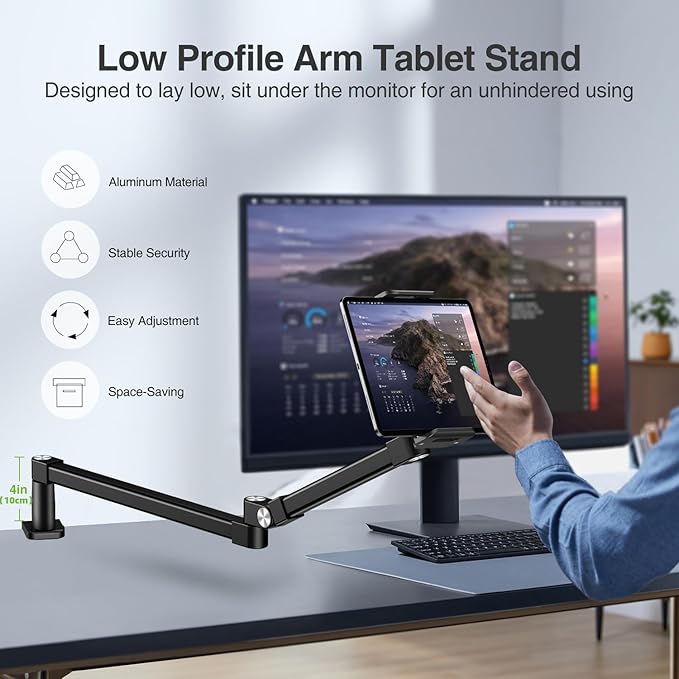 elitehood 28in Long Arm iPad Desk Mount, Heavy Duty Aluminum Tablet Arm Mount for Desk Bed Sofa, Compatible with iPad Pro 13/12.9 Air Mini, iPhone, Portable Monitor and 4.7-13in Tablets