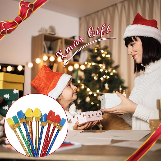 Geyoga Christmas Pencils Erasers Gifts Set with Bulb Eraser Topper, 36 Set