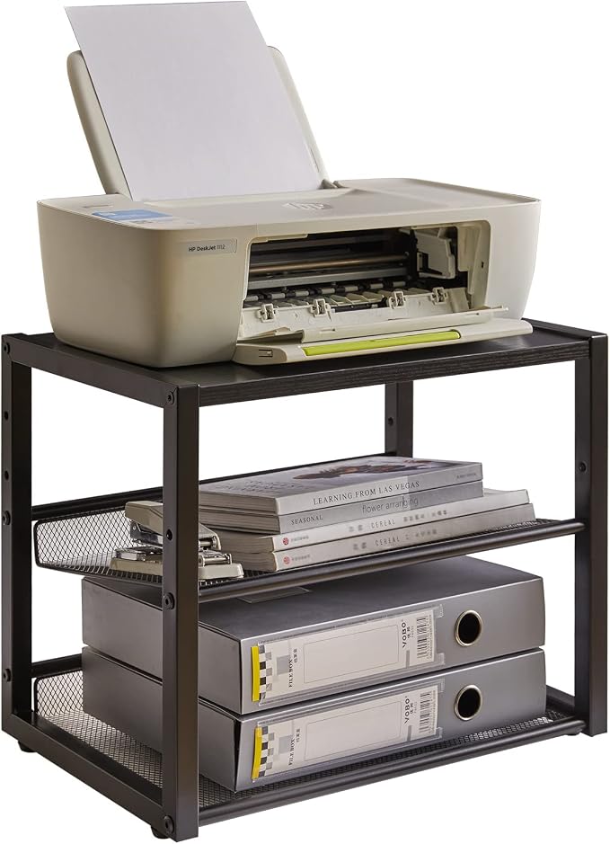 YMYNY 3 Tiers Desktop Printer Stand,17.32 x 13.78 x 11.02 in Black,UHPT001B | Desk Organizer with Adjustable Storage Shelves,Multi-Purpose Printer Shelf for Home Office,Fax Machine,Scanner, Files