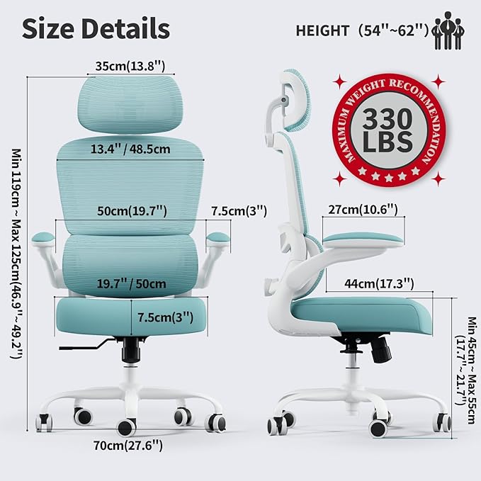 TRALT Office Chair Ergonomic Desk Chair - Gaming Chair with Lumbar Support | 330 LBS Home Office Desk Chairs with Headrest, Reading Chair with Flip-up Armrests, Comfortable Computer Chairs (1, Blue)