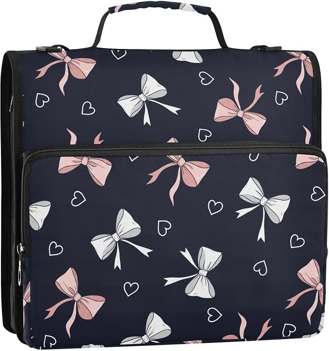Bows Hearts Print 3 Ring Zipper Binder with Shoulder Strap & Handle 1.5 Inch D-Ring Zippered Bag with Pencil Pouch,Multiple Pocket & Expanding File Folder, Binder Organizer for School or Office