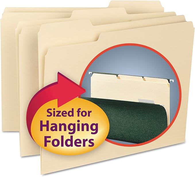 Smead Interior File Folder, 1/3-Cut Tab, Letter Size, Manila, 100 per Box, Expandable File Folders for Filing Cabinet