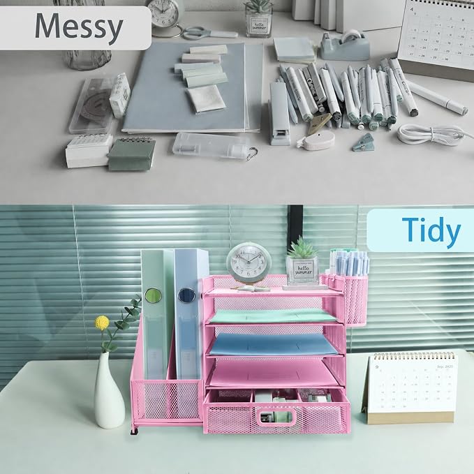 Desk Organizers and Accessories with File Holder, 5-Tier Paper Letter Tray Organiser with Drawer and 2 Pen Holder, Mesh Desktop Document Organizer for Office Supplies, Workspace - Pink