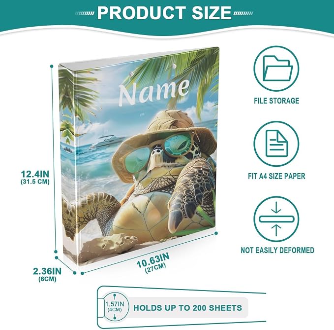 Custom 3 Ring Binder Turtle Summer Beach 1.5" Round Ring Binders Personalized Name View Binder with 200 Sheet for Women Men Office Kids School Supplies, 1 Pack