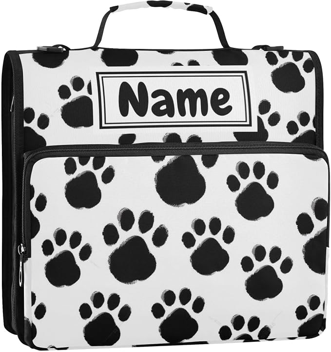 Custom Black Paws Print 3 Ring Binder Bag 1.5 inch Personalized Name Binder Organizer 500 Sheet Documents Storage for School Office