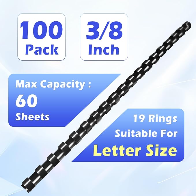 TOTiyea 3/8" Plastic Comb Binding Spines,100 Pack 60-Sheet Letter Size | Binding combs,Black,8.5"x11",Bulk pack,For educators custom teaching References,classroom organization,work supplies