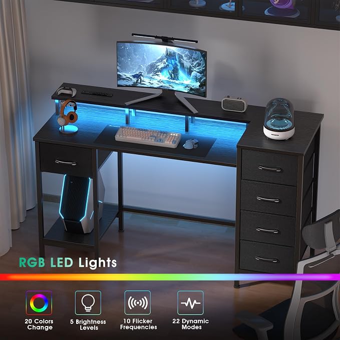 Korfile 55 Inch Gaming Computer Desk with Power Outlets,LED,5 Drawers,Black | For gaming and working,built-in power outlets and LED lights,5 fabric storage drawers, fits 55-inch, monitor stand,,black