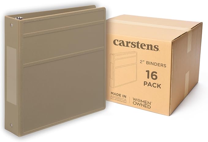 Carstens 2-Inch Heavy Duty 3-Ring Binder - Side Opening, Sand, Durable Plastic, No-Gap Rings, Waterproof Covers, No Pockets, Holds 300 Letter-Sized Sheets, BPA-Free, Made in USA (5825-3R), Case of 16