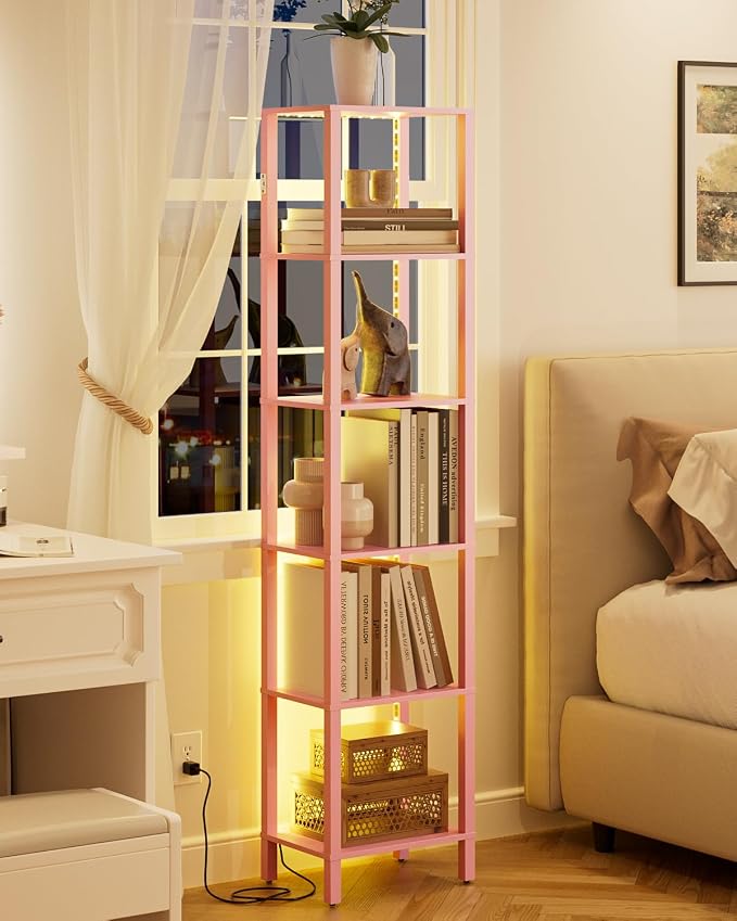 Open Book Shelf with LED Lights, 6 Tier Tall Bookshelf, Freestanding Shelf Narrow Bookcase with Open Shelves, 14.57" x 10.63" x 65.83", Book Shelves for Living Room, Office, Study, Pink