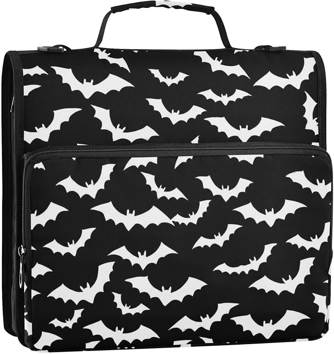 White Bat Black Print 3 Ring Binder Bag 1.5 inch Binder Organizer with Zipper Shoulder Strap 500 Sheet Documents Storage for School Office