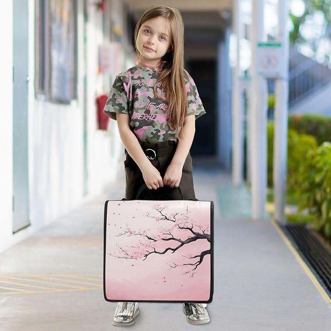 Pink Cherry Blossom 3 D Ring 2 inch Zipper Binder Bag with Strap | Multi-Pocket Portfolio Organizer Case for 13 Inch Laptop Middle School