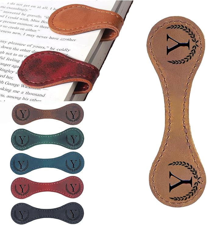Personalized Magnetic Leather Bookmark, 26 Letters Custom Leather Bookmarks, Handmade, Leather Magnetic Bookmark for Book Lovers Readers Women Kid(Dark Yellow，Y）