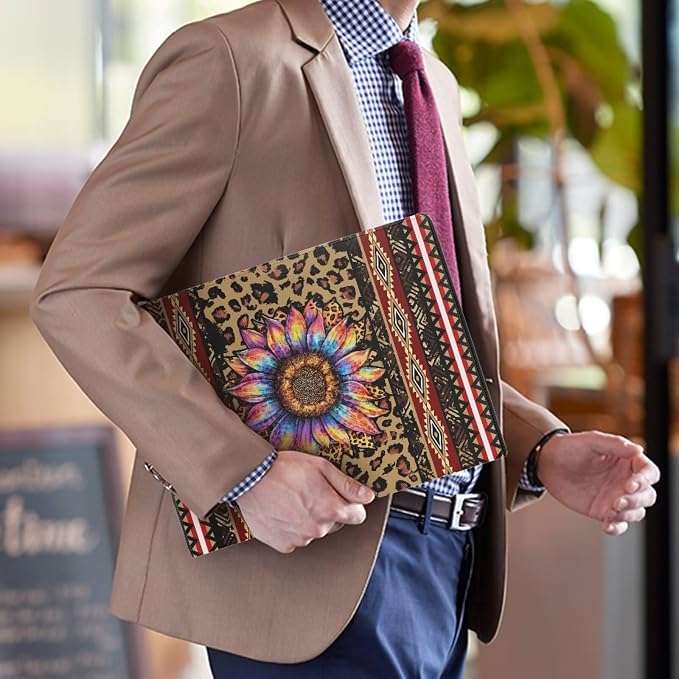 Dreaweet Leopard Aztec Sunflower Padfolio Clipboard Folder Leather Portfolio Organizer Binder for Women,Business Organizer Suitable for Interviews,Resumes,and Conference Documents
