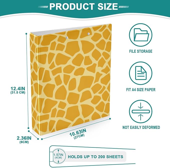 3 Ring Binder Giraffe Print 1.5 Inch Three Ring Binder | Cute Binder with 3 Storage Pockets for Women School Office Supplies