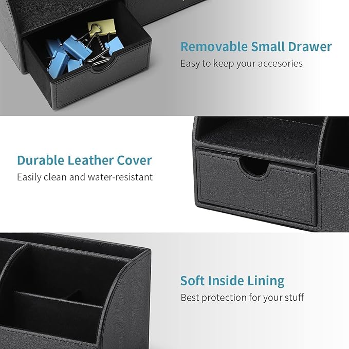VLANDO Office Desk Organizer Leather Desktop Organizer Caddy with Drawer for Storing Desktop Supplies and Accessories (Black Set) | Black leather desk organizer set combines divided desktop storage and a pull-out drawer for office supplies and accessories