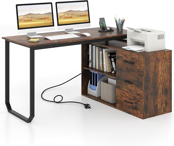 Giantex 55 Inch L-Shaped Desk with Charging Station, Reversible Computer Desk with 3 Drawers, Adjustable Shelf, Large Computer Workstation, Corner Desk for Small Spaces, Home Office (Rustic Brown)