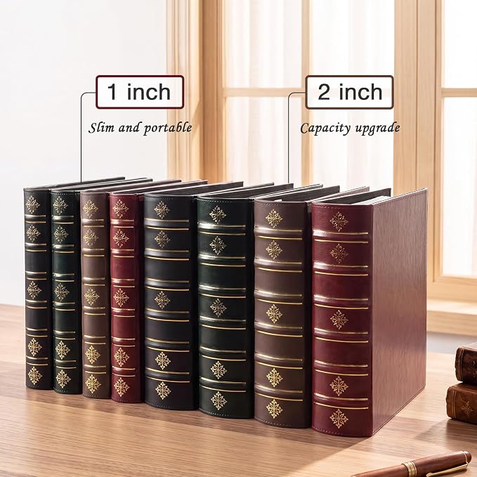 Ospelelf Vintage 3 Ring Binder 2 Inch,Leather D Ring Binder with Pockets and 5 Tab Dividers, Hardback Book Style Document Organizer Fits Letter Size for Home and Office Burgundy