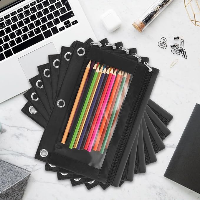 30Pack 3 Ring Binder Pencil Pouch with Zipper Black, Clear Window Pen Holder Case for Office, and Home Organization, Waterproof Oxford Fabric, Fits Standard 3 Ring Binders