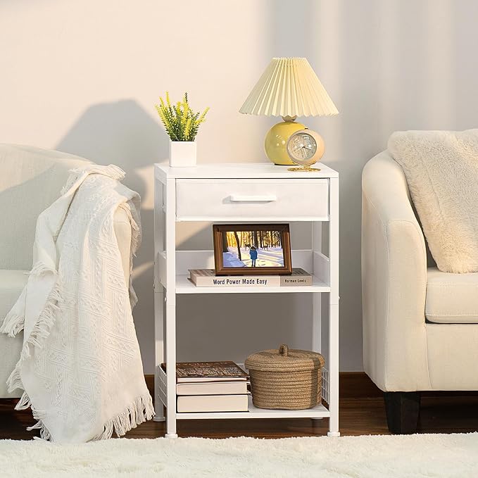 Lerliuo 3-Tier Printer Stand with Fabric Drawer and Shelves, White | Three-tier printer stand with fabric drawer and two shelves for paper, office supplies, scanners and fax machines