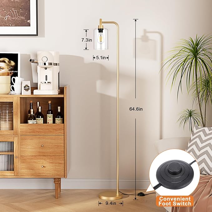Ziisee Floor Lamps for Living Room - Industrial Standing Lamp with Glass Shade, Modern Gold Floor Lamp with LED Bulbs, Farmhouse Floor Lamp for Bedroom, Tall Lamp for Office - Gold