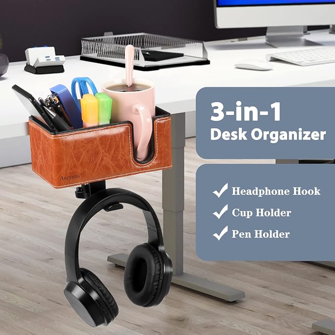 Under Desk Cup Holder Clamp on Cup Holder PU Leather Clip on Desk Organizer | Desk organizer with pencil holder clamp on side, under desk hanging organizer, clip on cup holder desk phone stand holder PU