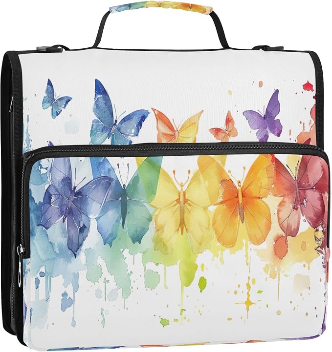Colorful Butterfly Waterproof Zipper Binder with Shoulder Strap, 3-Ring Trapper Keeper with Lay-Flat Design and Multiple Compartments for School & Office, Adults & Kids
