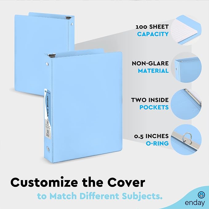 Enday 3 Ring Binder 1/2 inch - 0.5 Inch 3 Ring Binder, Round Ring Pastel with Clear View Cover for Letter Size 8.5 x 11'' Paper & 2 Inside Pockets, for School Supplies, Office, & Home - 4 Pack
