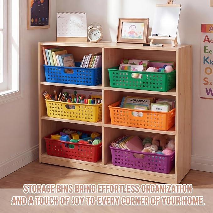 Geetery 6 Pack Classroom Storage Baskets with Handle,Rainbow Color | 14''x10'' Paper Tray Holds A4 Turn in Trays Plastic Paper Baskets Desk Organizer Bin for Classroom, Library, Office, Home