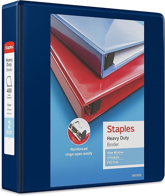Staples Heavy-Duty 2-Inch 3-Ring View Binder with D-Rings, 4 Interior Pockets for Office & School Use, Navy Blue, 3-Pack