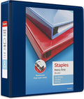 Staples Heavy-Duty 2-Inch 3-Ring View Binder with D-Rings, 4 Interior Pockets for Office & School Use, Navy Blue, 3-Pack
